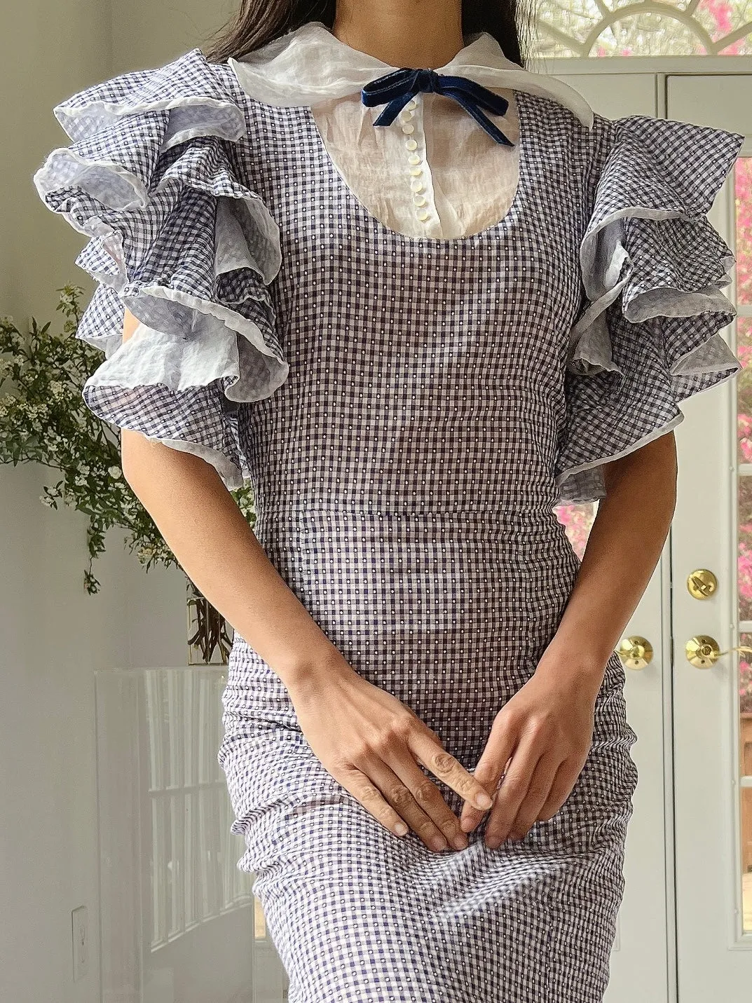 1930s Cotton and Organza Flutter Sleeve Gown - XS/S