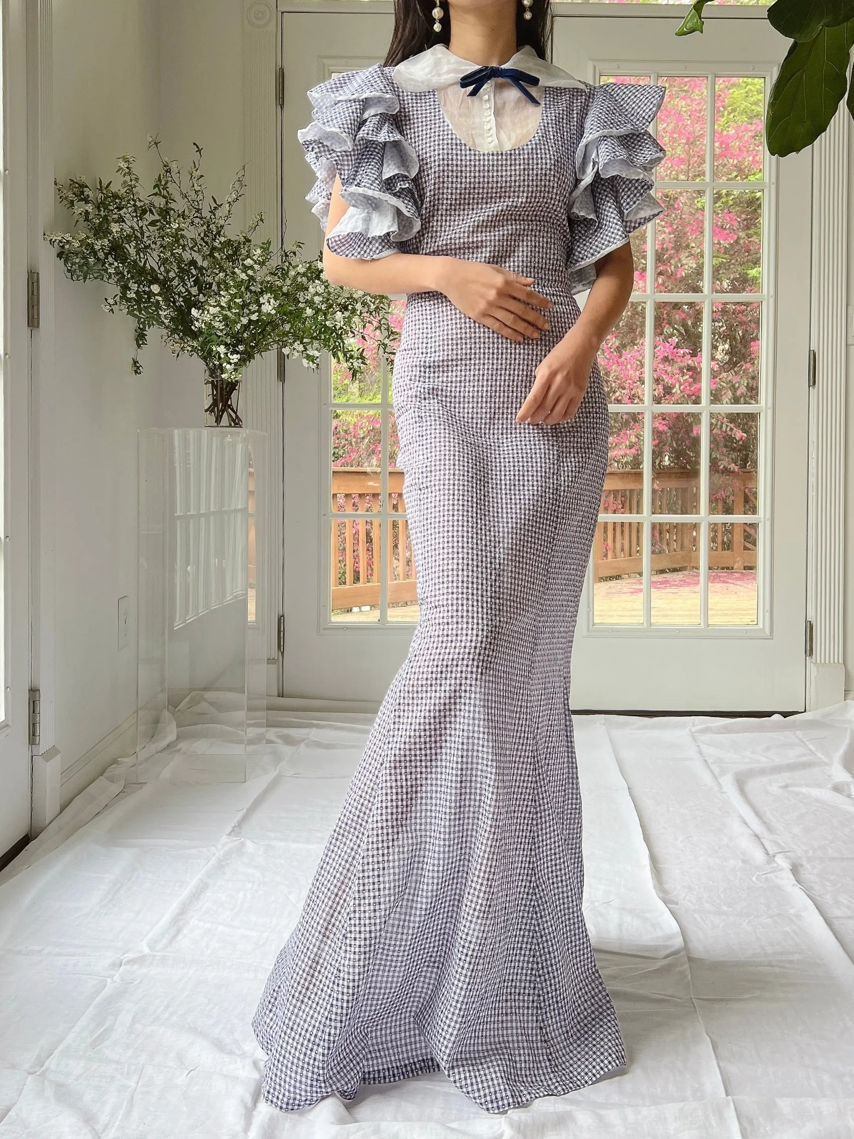 1930s Cotton and Organza Flutter Sleeve Gown - XS/S