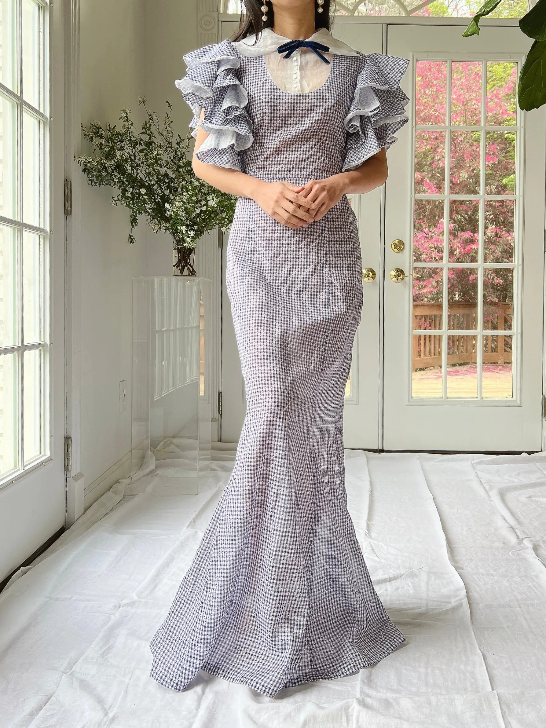 1930s Cotton and Organza Flutter Sleeve Gown - XS/S