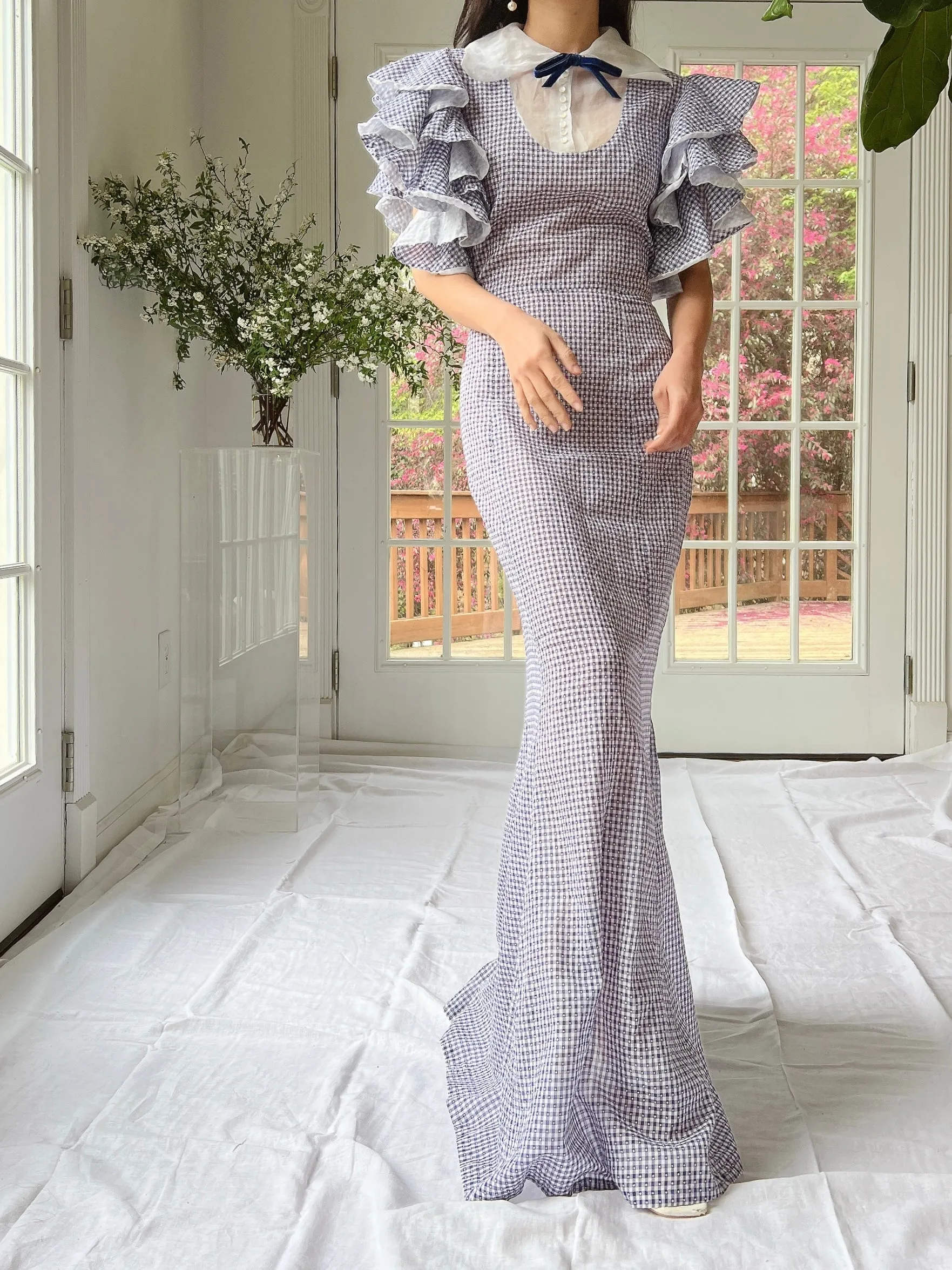 1930s Cotton and Organza Flutter Sleeve Gown - XS/S
