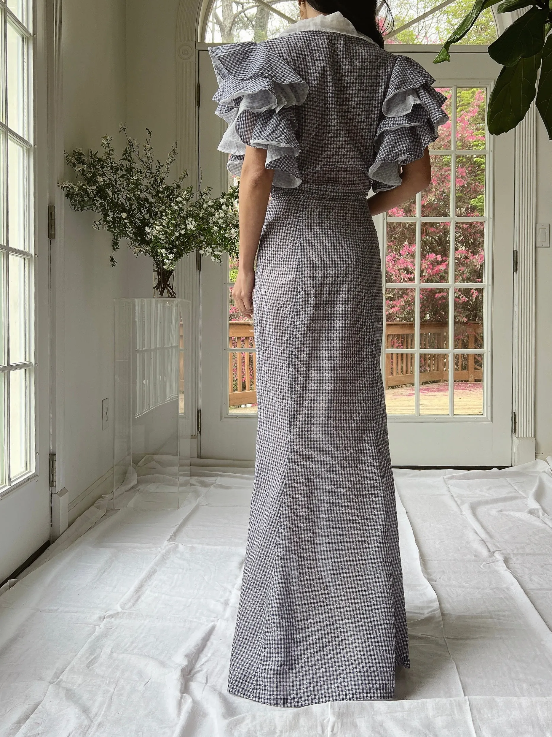 1930s Cotton and Organza Flutter Sleeve Gown - XS/S