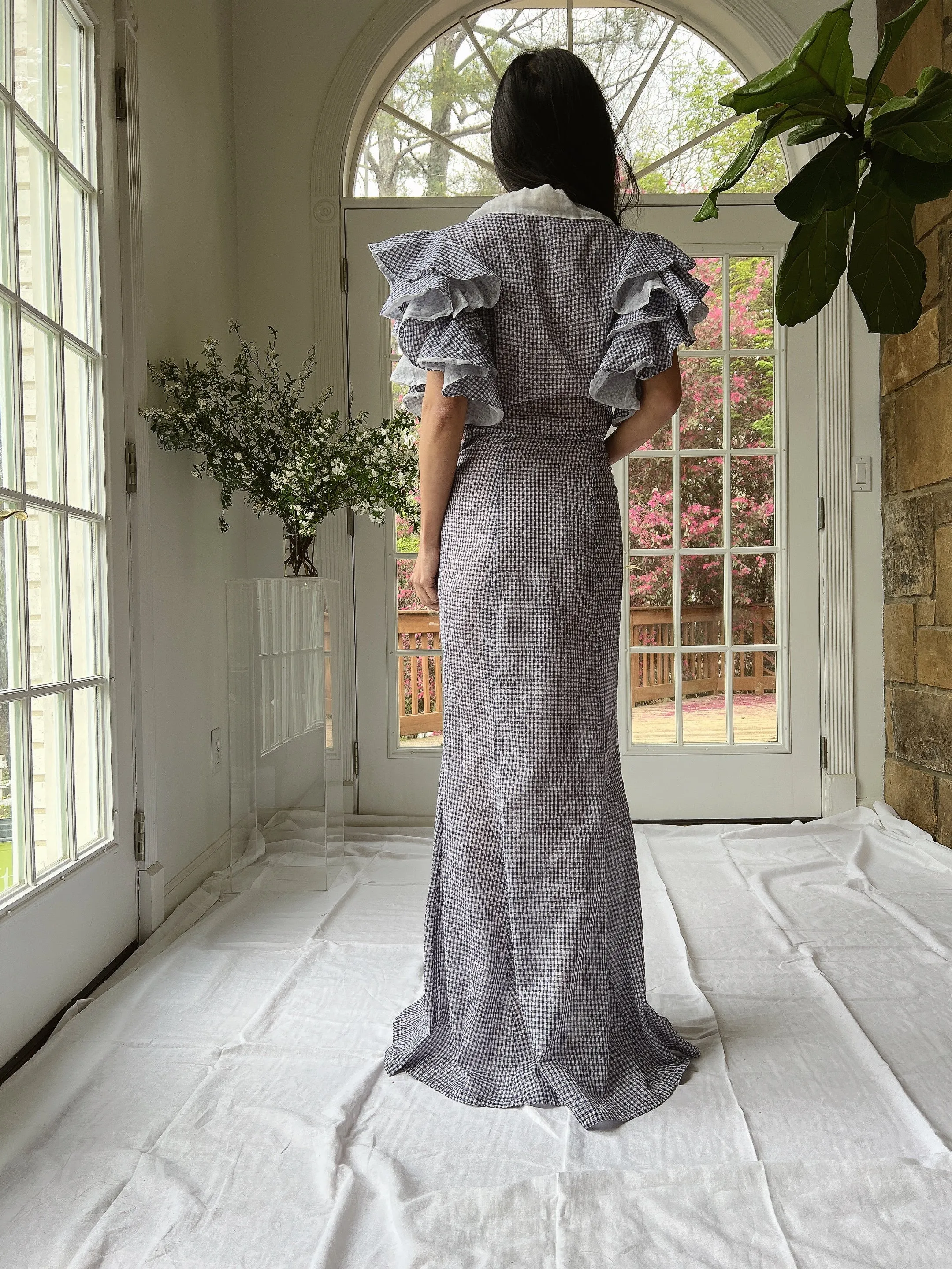 1930s Cotton and Organza Flutter Sleeve Gown - XS/S