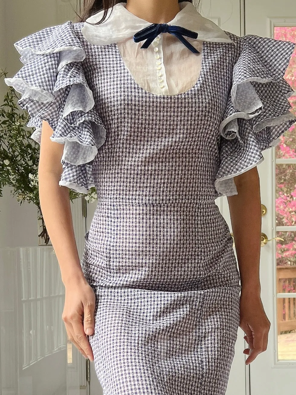 1930s Cotton and Organza Flutter Sleeve Gown - XS/S
