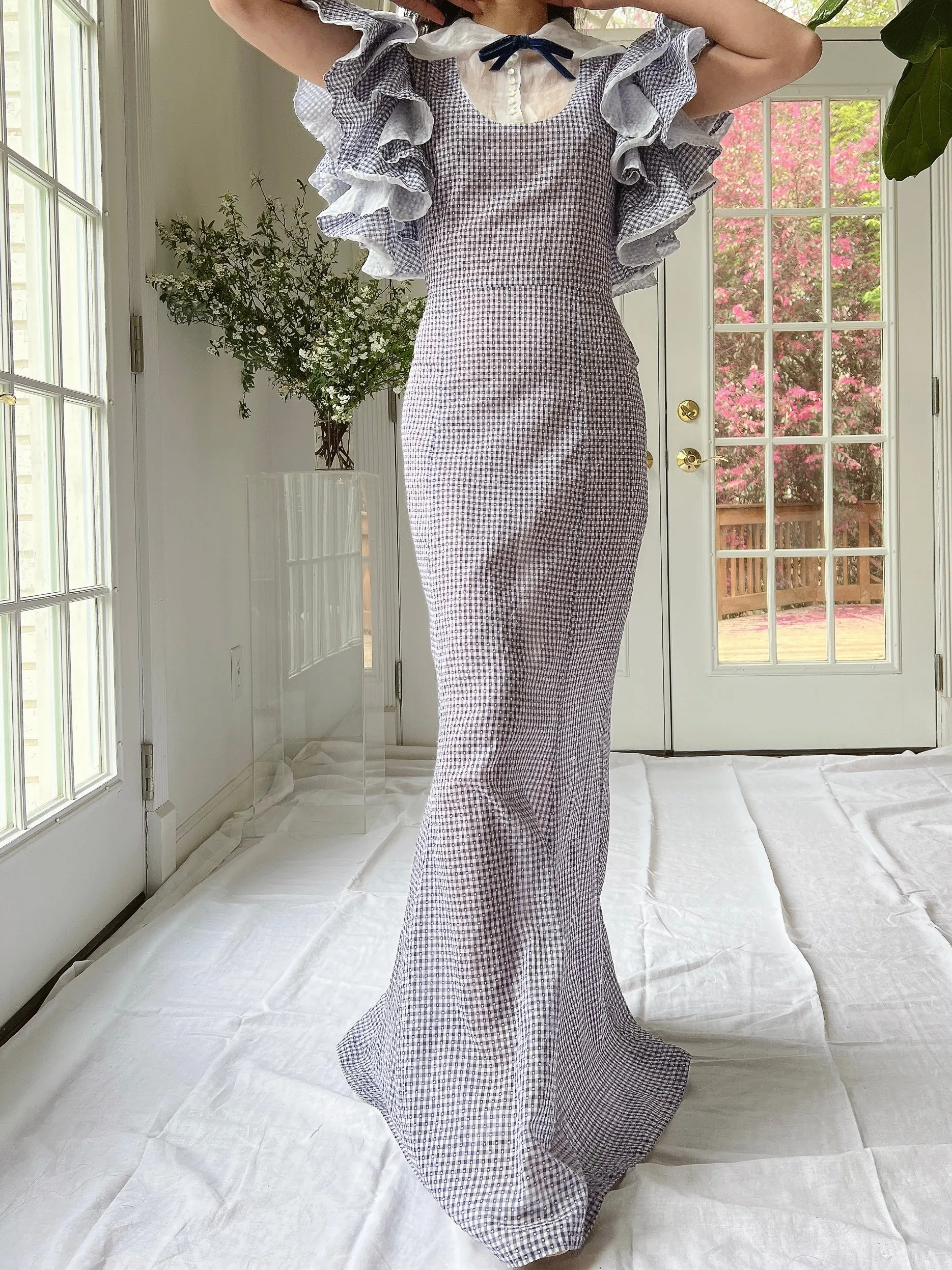 1930s Cotton and Organza Flutter Sleeve Gown - XS/S
