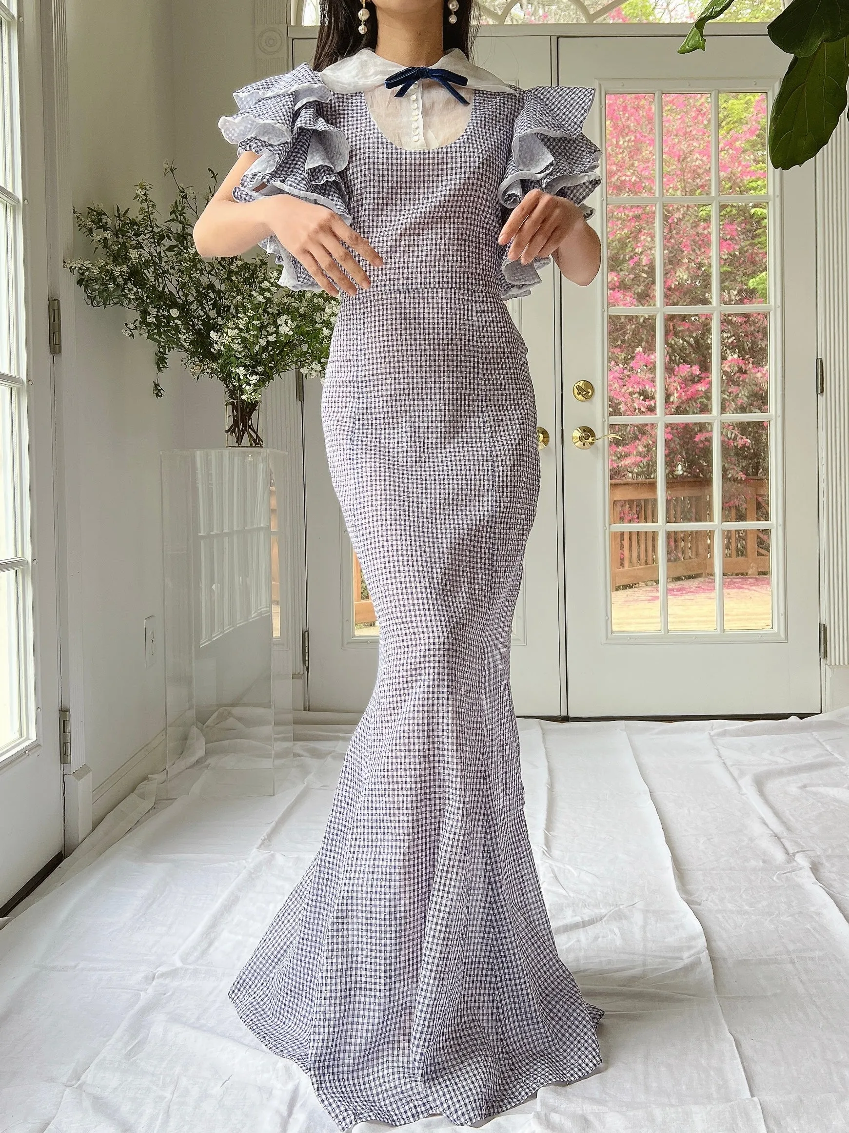 1930s Cotton and Organza Flutter Sleeve Gown - XS/S