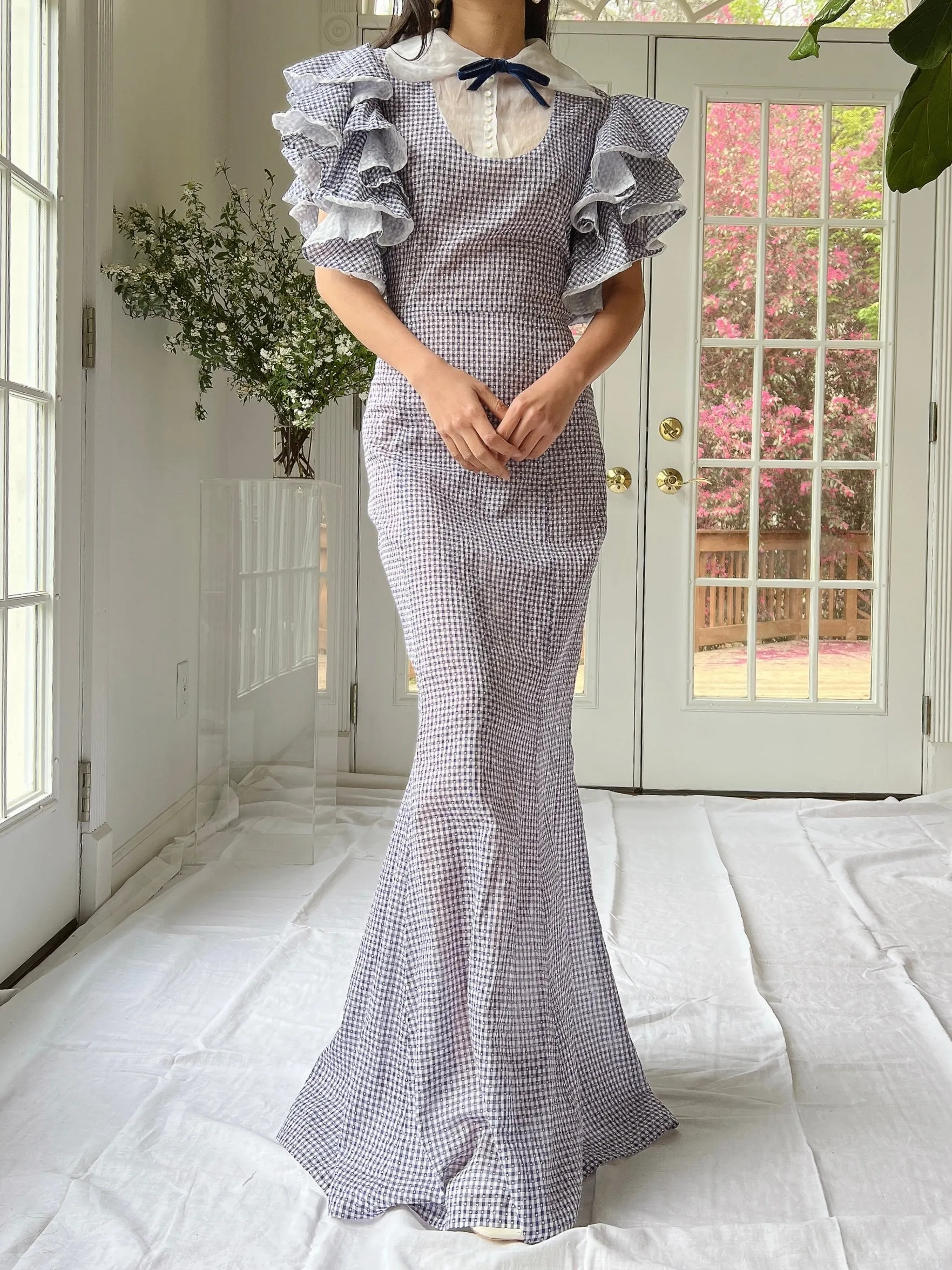 1930s Cotton and Organza Flutter Sleeve Gown - XS/S