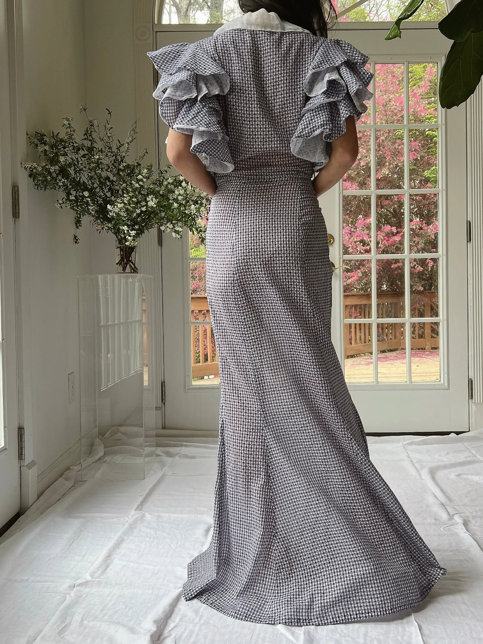 1930s Cotton and Organza Flutter Sleeve Gown - XS/S