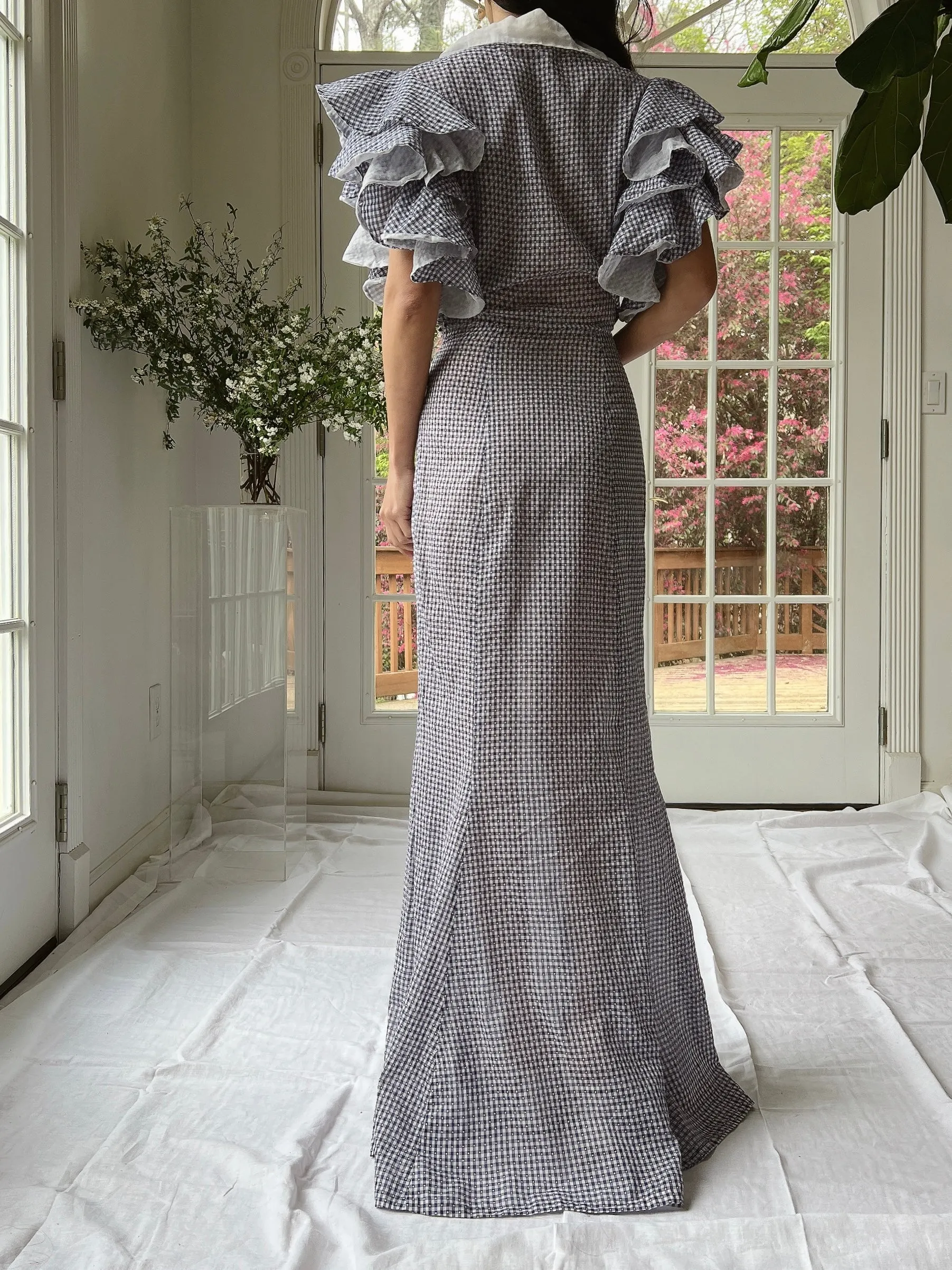 1930s Cotton and Organza Flutter Sleeve Gown - XS/S