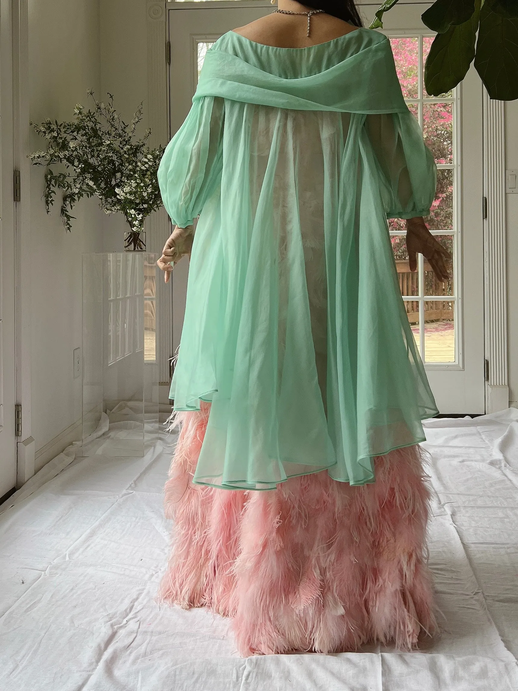 1960s Silk Chiffon Puff Sleeves Duster - OSFM