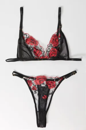 Black Floral Embroidery Lingerie Set