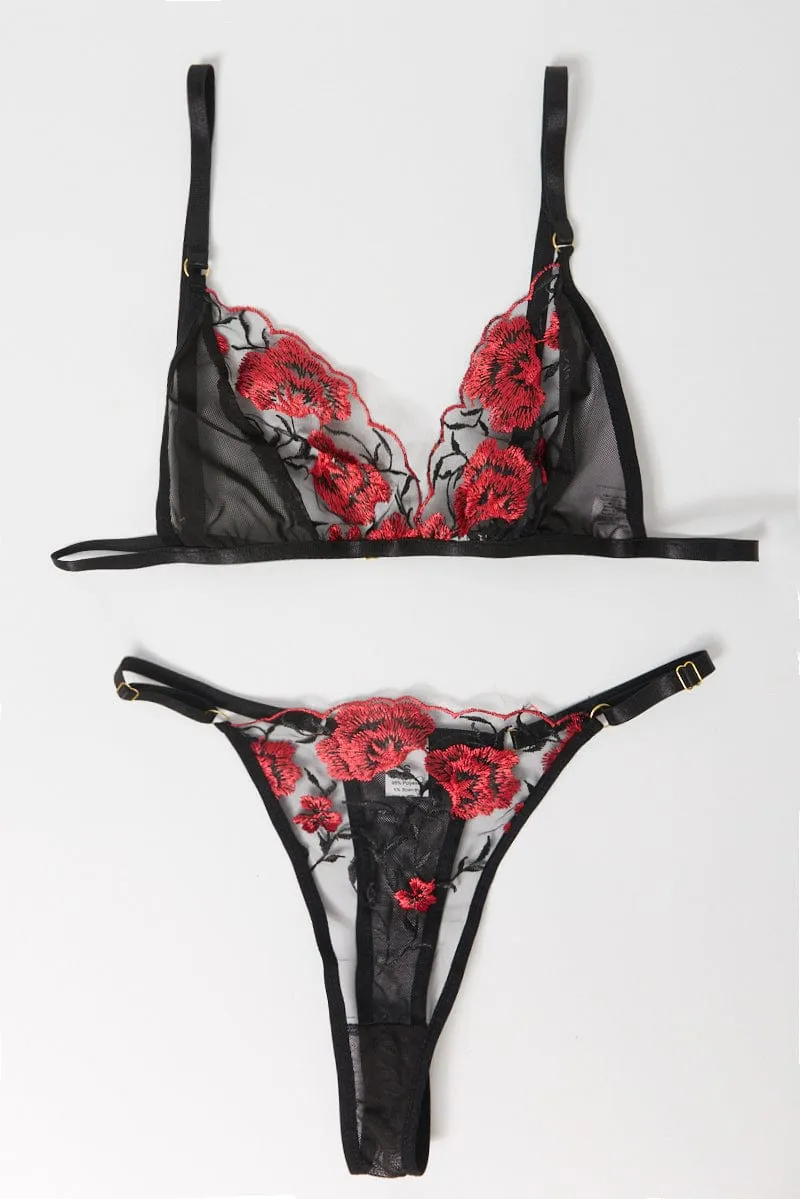 Black Floral Embroidery Lingerie Set