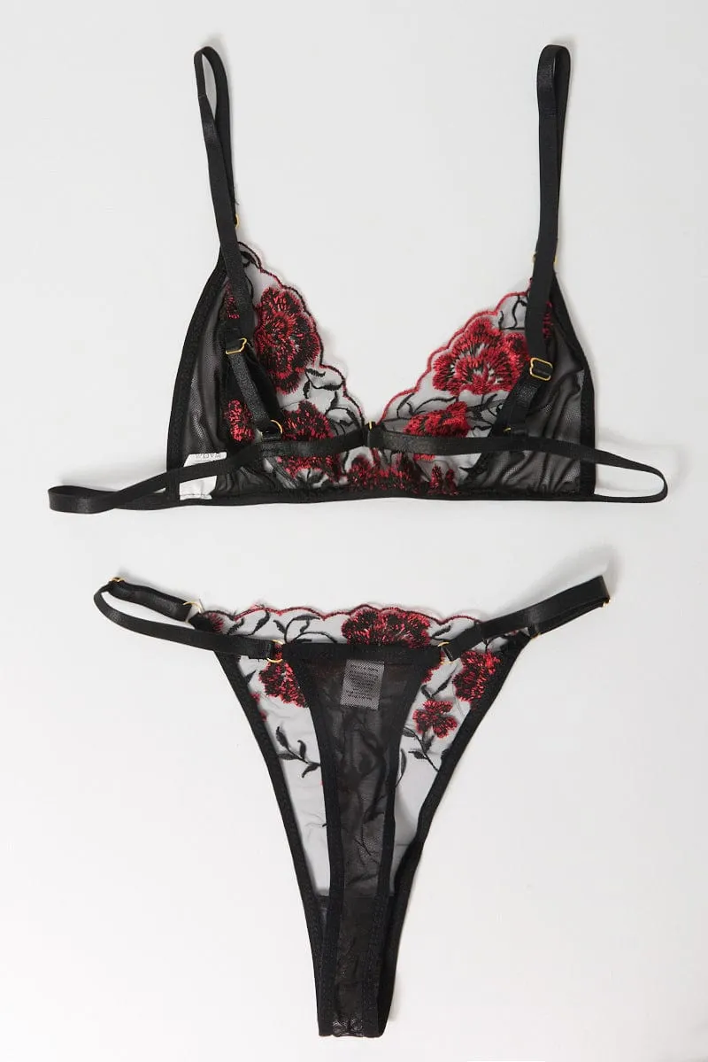 Black Floral Embroidery Lingerie Set