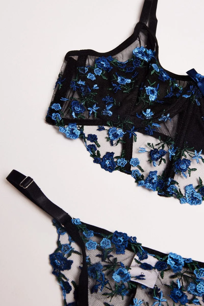 Black Flower Embroidery Lingerie Set