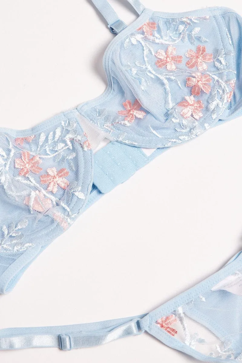 Blue Embroidery Lingerie Set