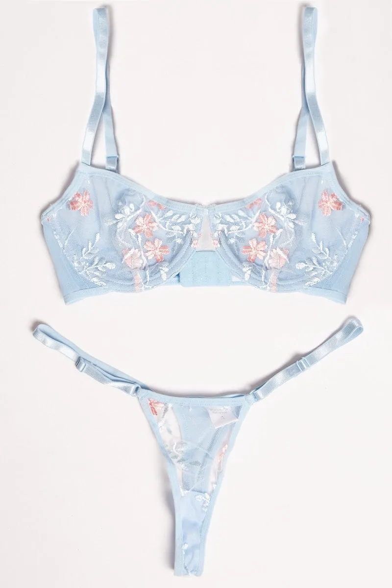 Blue Embroidery Lingerie Set
