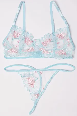 Blue Embroidery Lingerie Set