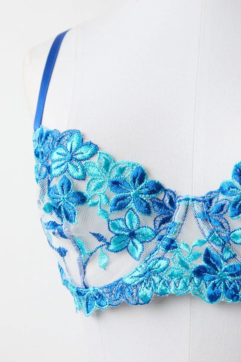 Blue Floral Embroidery Lingerie Set