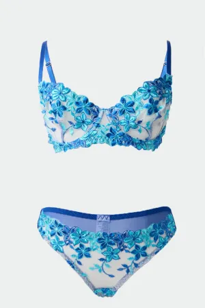 Blue Floral Embroidery Lingerie Set
