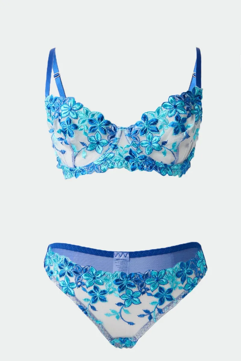 Blue Floral Embroidery Lingerie Set