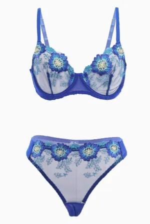 Blue Floral Embroidery Lingerie Set