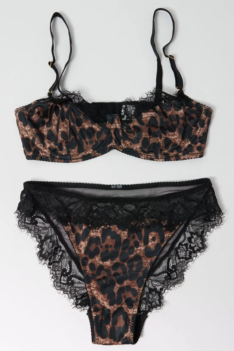 Brown Animal Print Lace Trim Lingerie Set