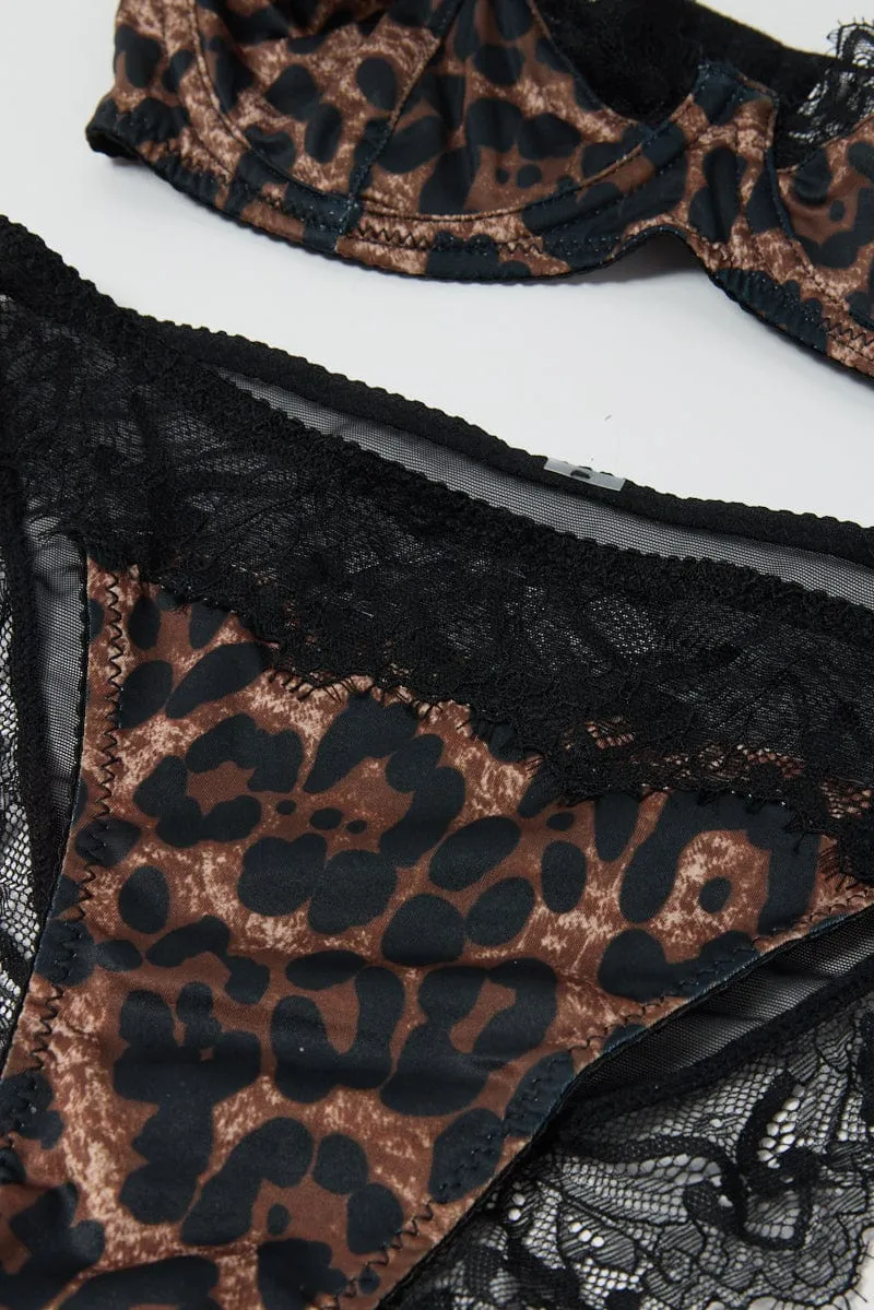 Brown Animal Print Lace Trim Lingerie Set