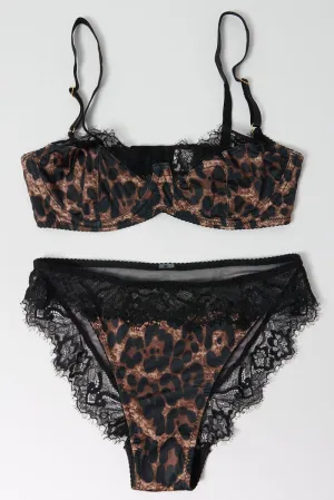Brown Animal Print Lace Trim Lingerie Set