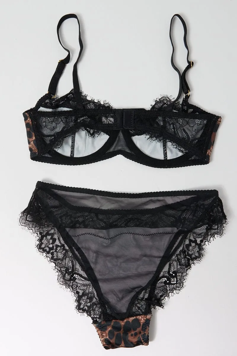 Brown Animal Print Lace Trim Lingerie Set