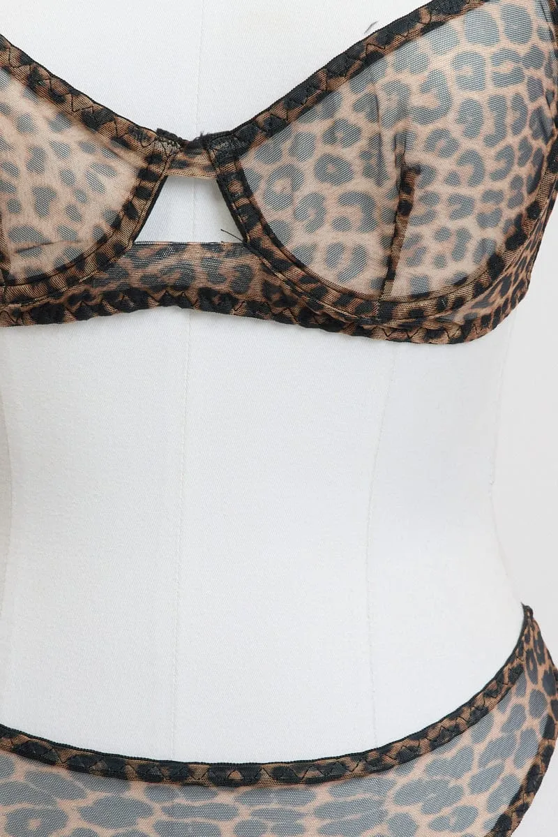 Brown Animal Print Mesh Lingerie Set