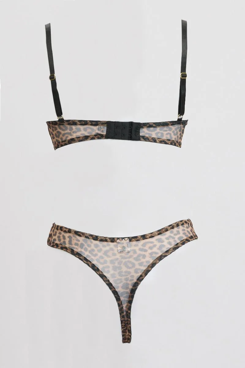 Brown Animal Print Mesh Lingerie Set