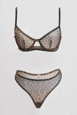 Brown Animal Print Mesh Lingerie Set