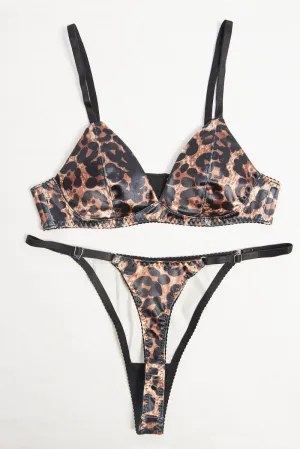 Brown Animal Print Satin Lingerie Set