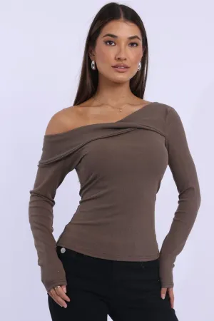 Brown One Shoulder Top Long Sleeve