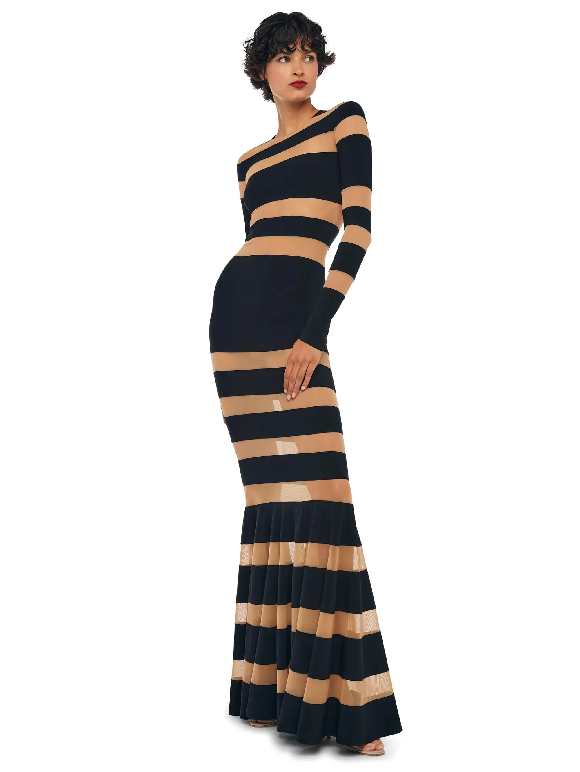 Long Dress with Black/Nude Mesh Inserts