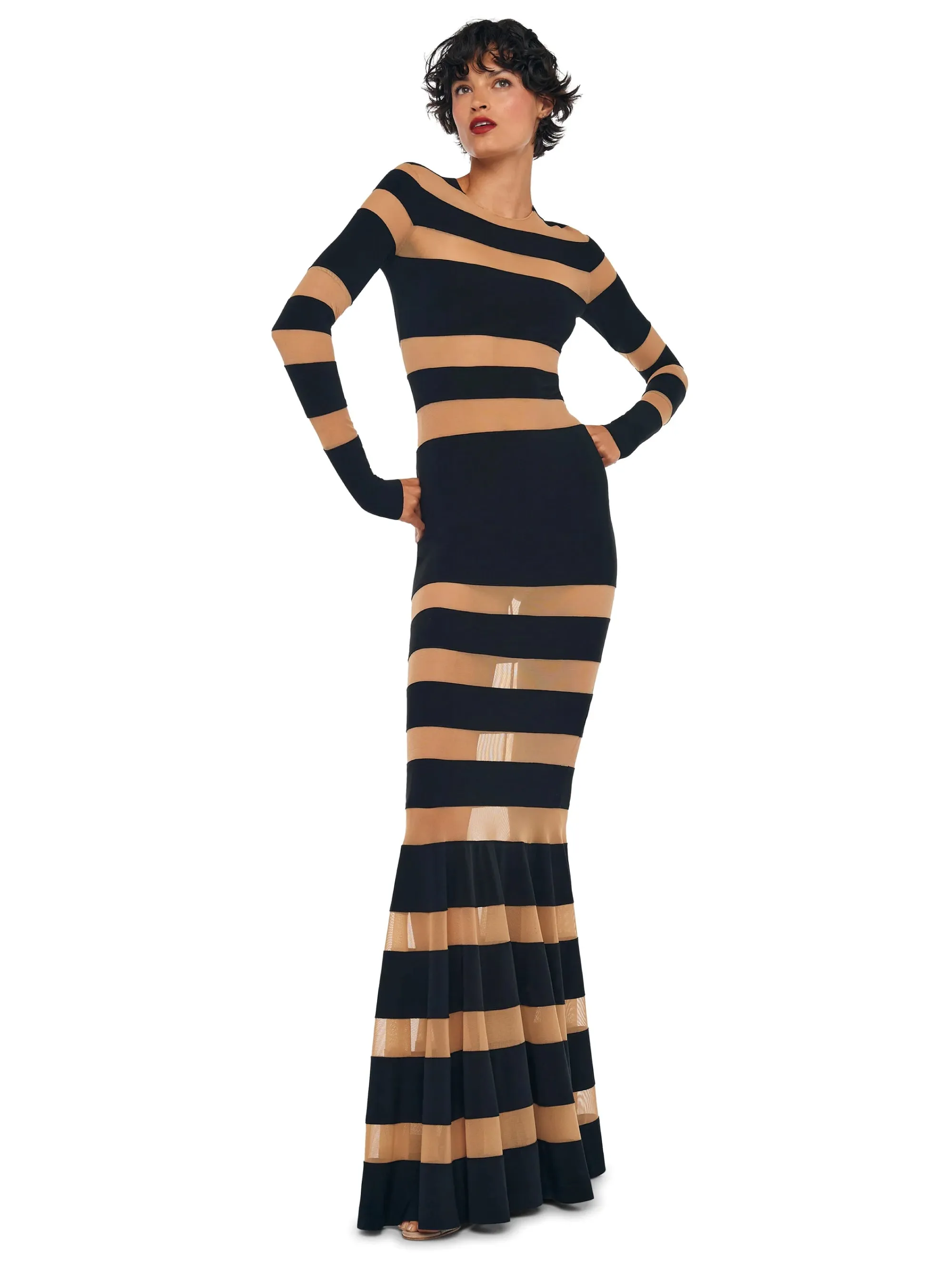 Long Dress with Black/Nude Mesh Inserts
