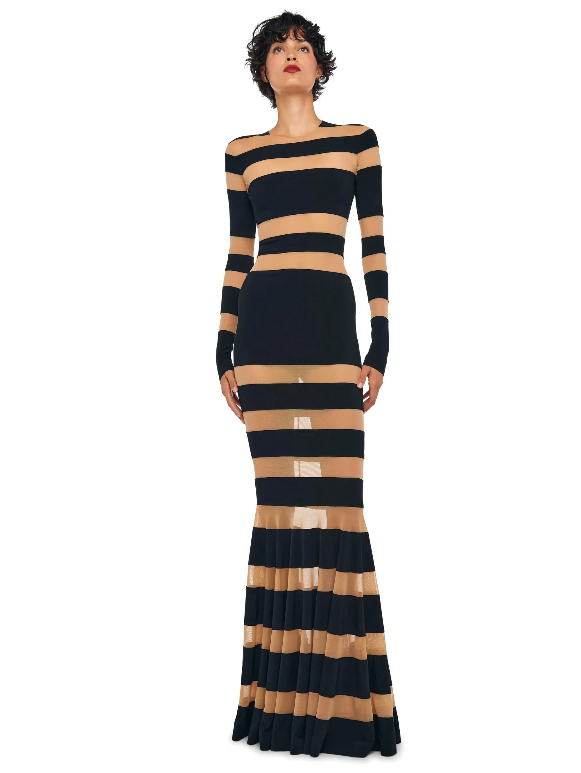 Long Dress with Black/Nude Mesh Inserts