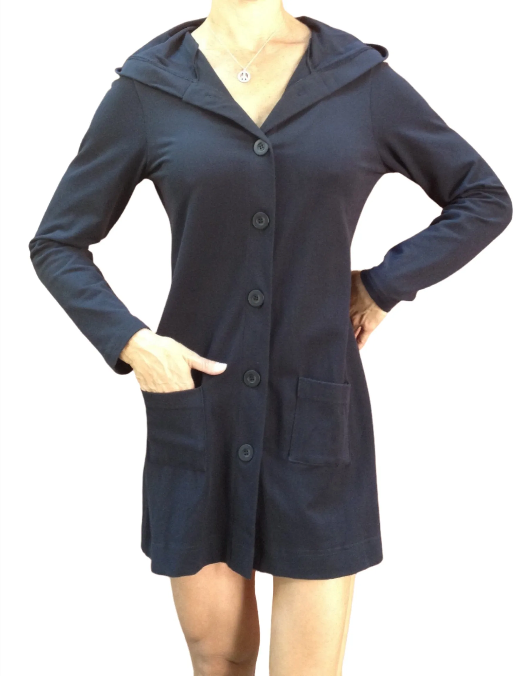 One Step Ahead Brushed Supplex Long Button Front Hooded Jacket 2629