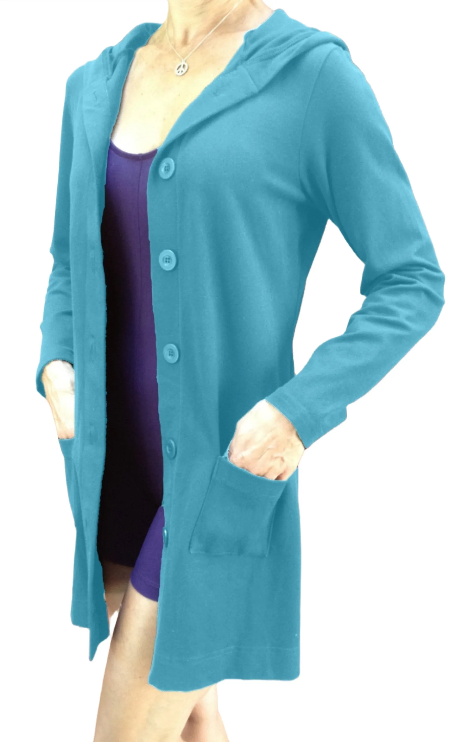 One Step Ahead Brushed Supplex Long Button Front Hooded Jacket 2629