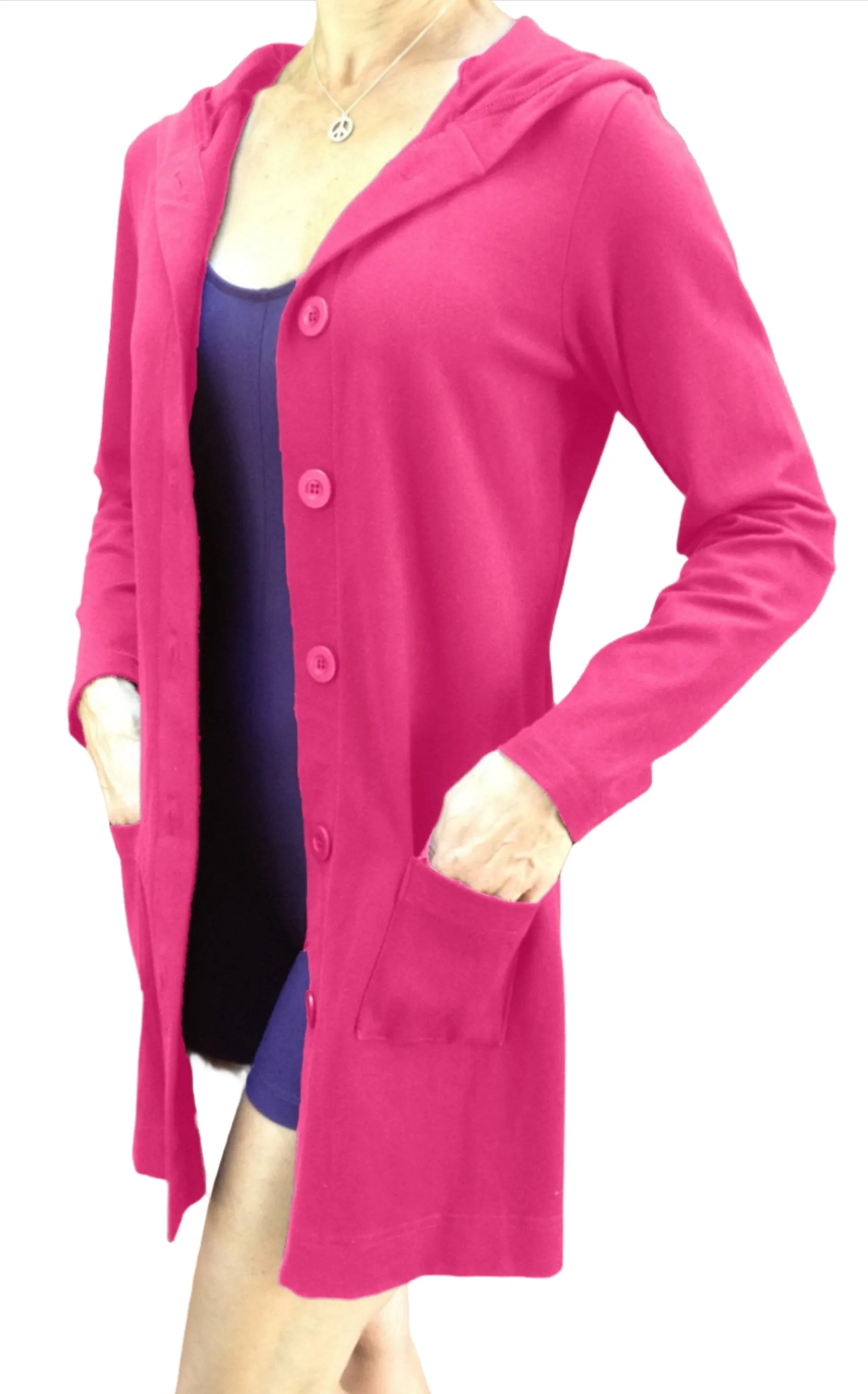 One Step Ahead Brushed Supplex Long Button Front Hooded Jacket 2629