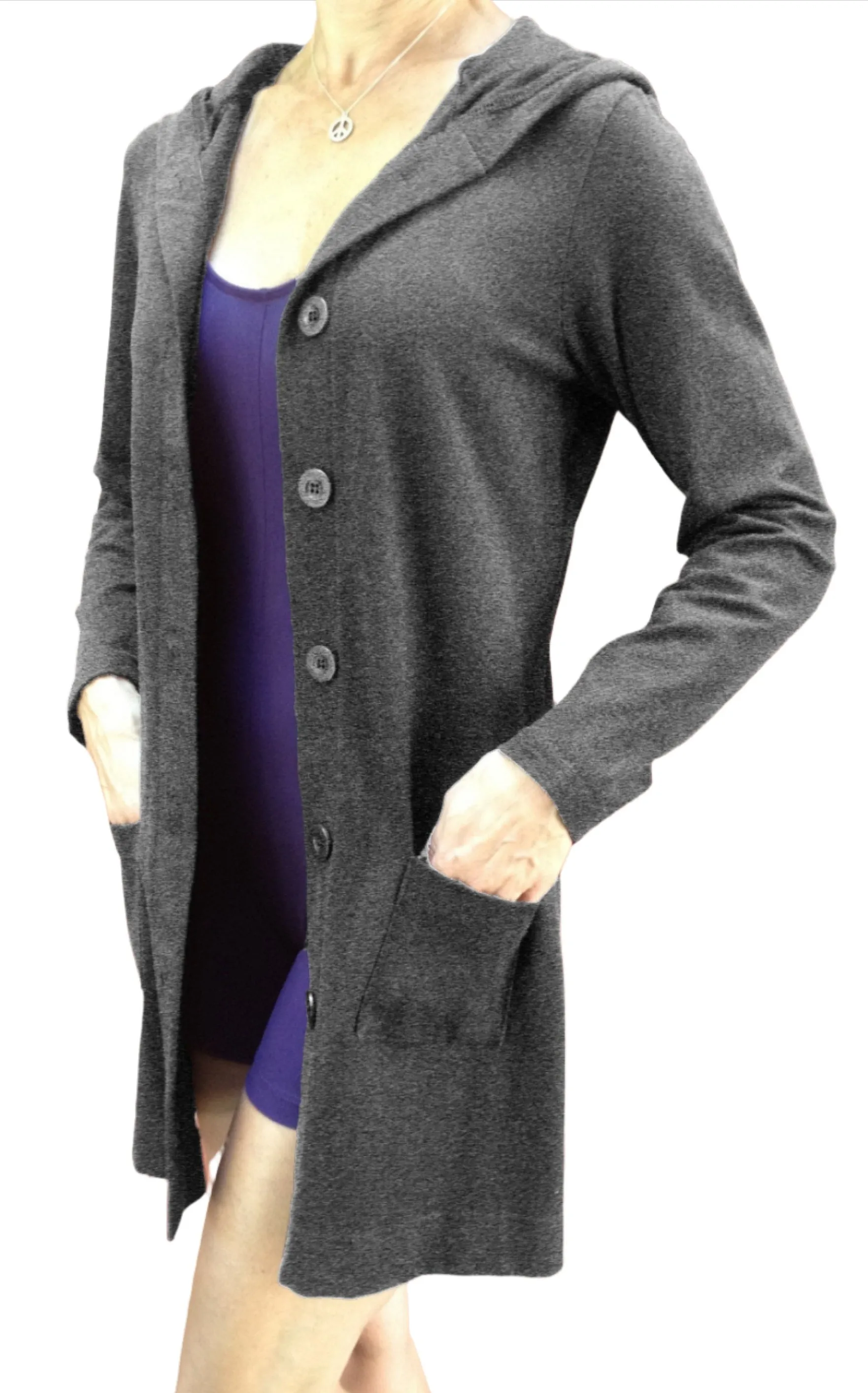 One Step Ahead Brushed Supplex Long Button Front Hooded Jacket 2629