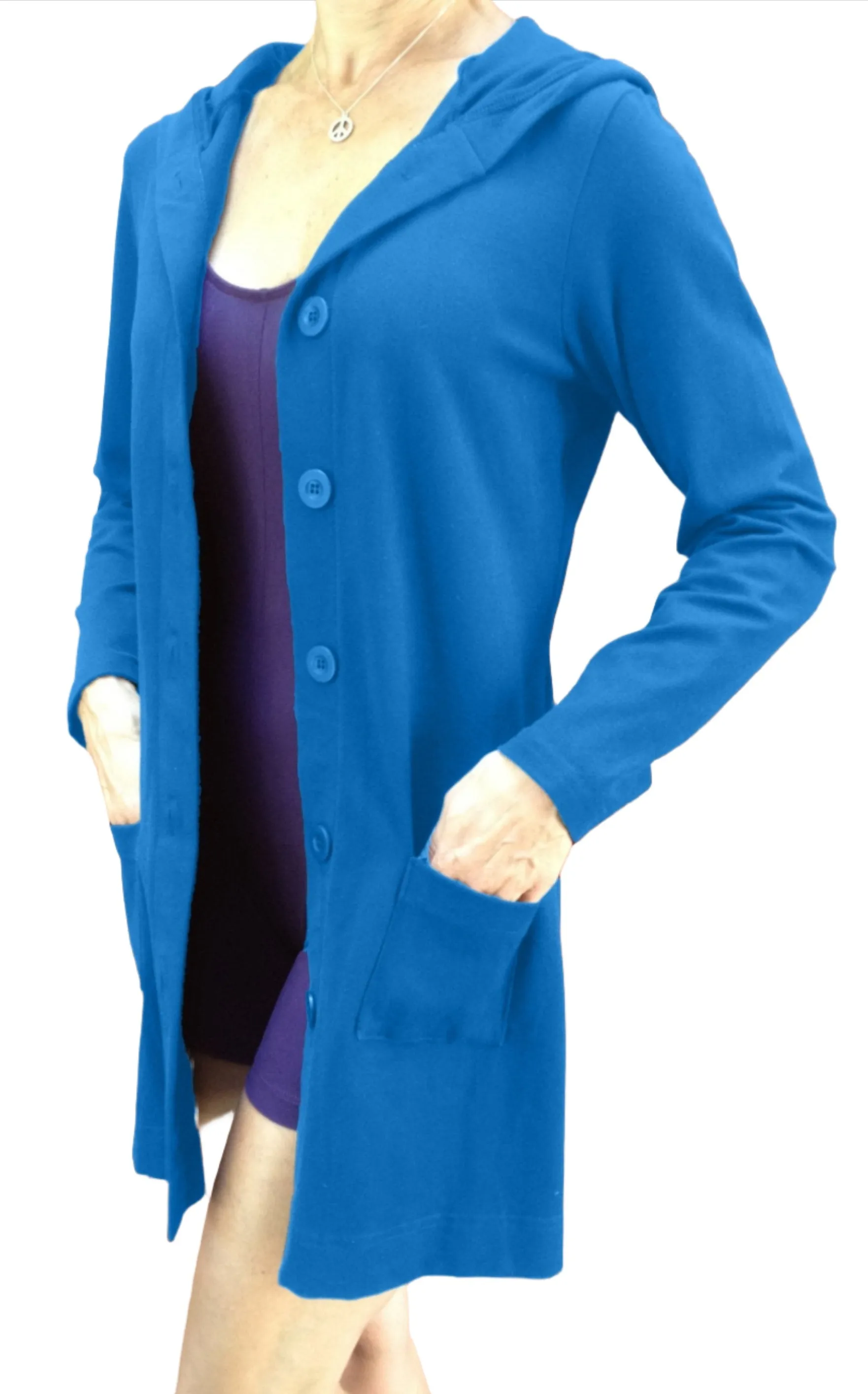 One Step Ahead Brushed Supplex Long Button Front Hooded Jacket 2629