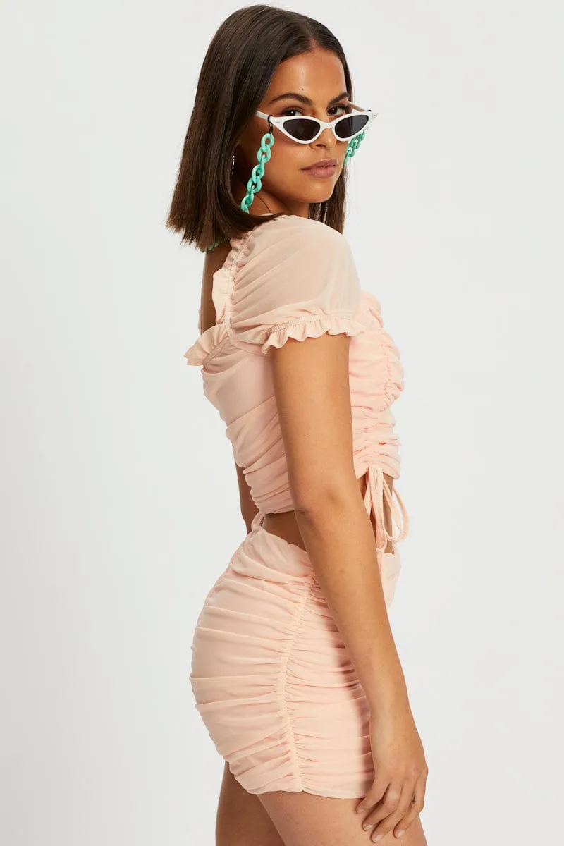 Orange Ruched Mesh Shorts