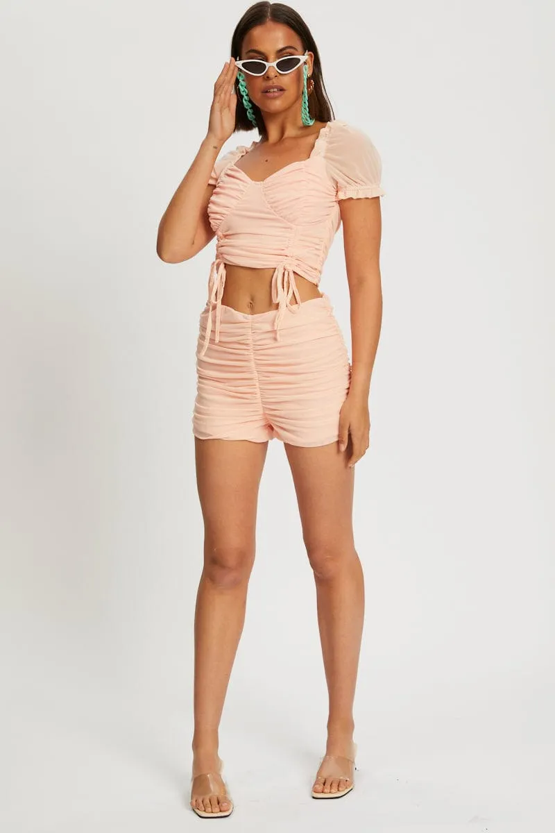 Orange Ruched Mesh Shorts