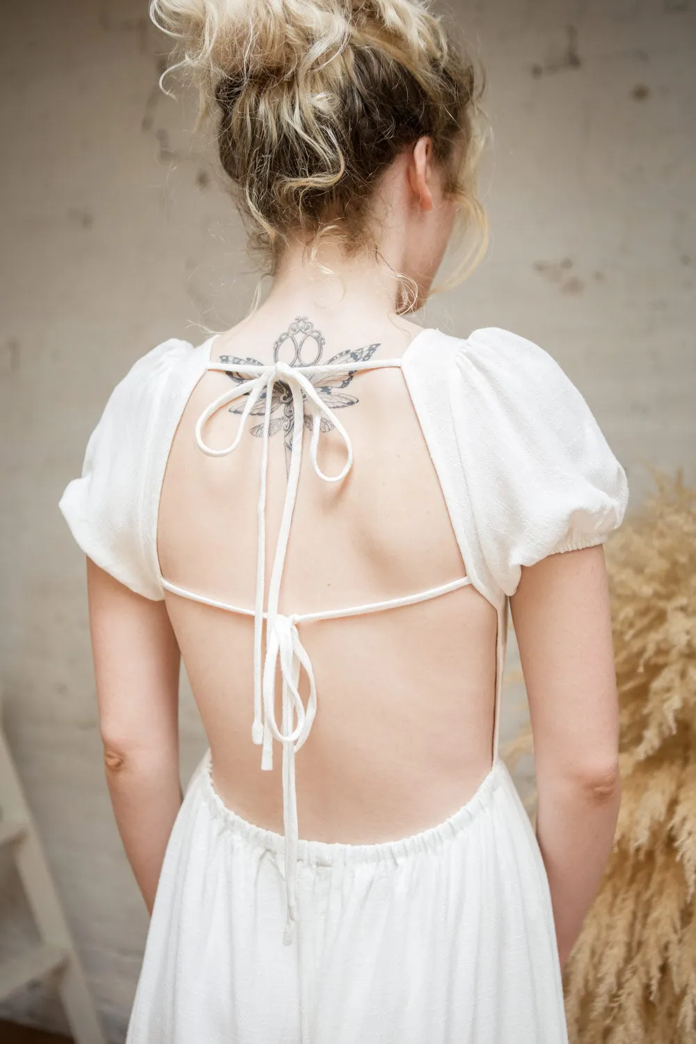 Pamua | Open Back Midi Dress w/ Puffy Sleeves
