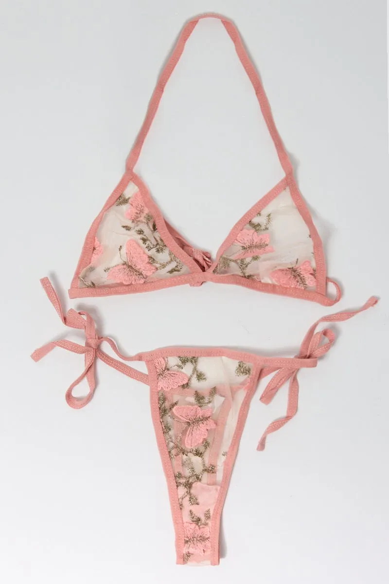Pink Butterfly Embroidery Lingerie Set