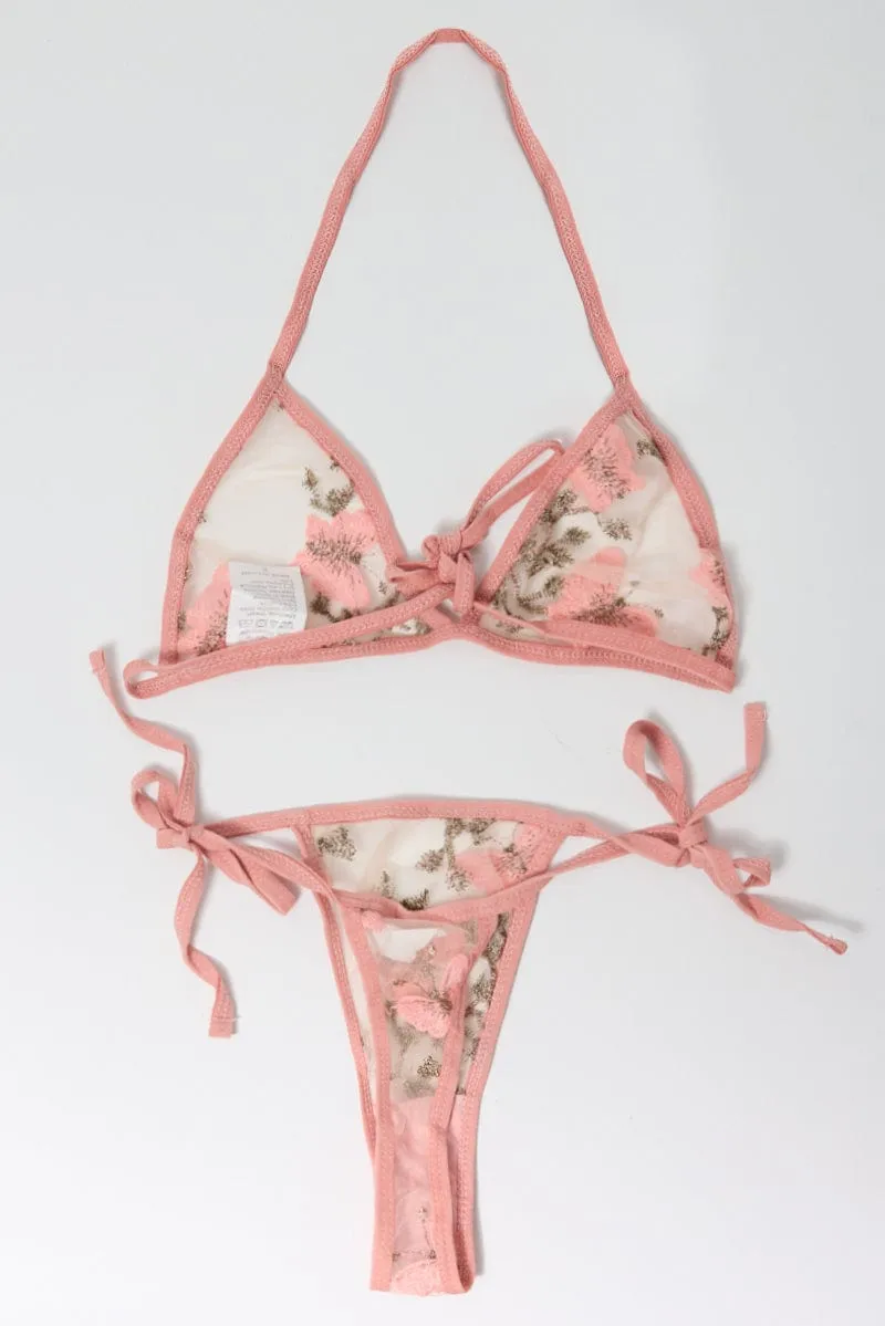 Pink Butterfly Embroidery Lingerie Set