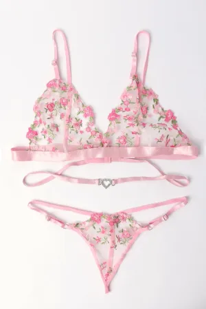 Pink Floral Embroidery Lingerie Set