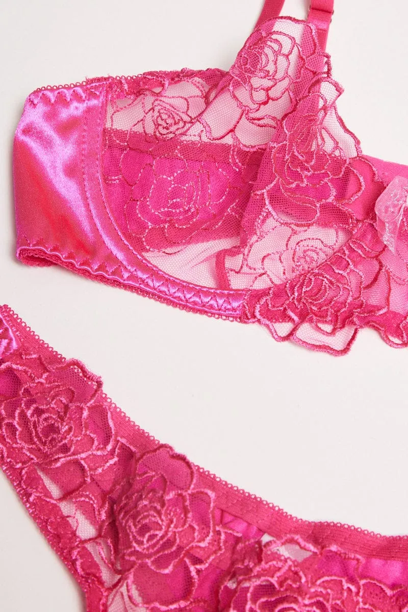 Pink Flower Embroidered Lingerie Set