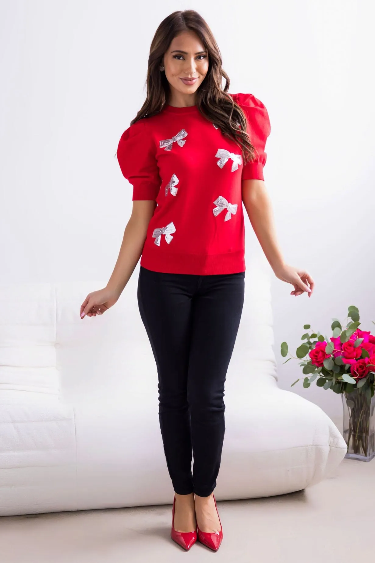 Pretty In Bows Puff Sleeve Sweater