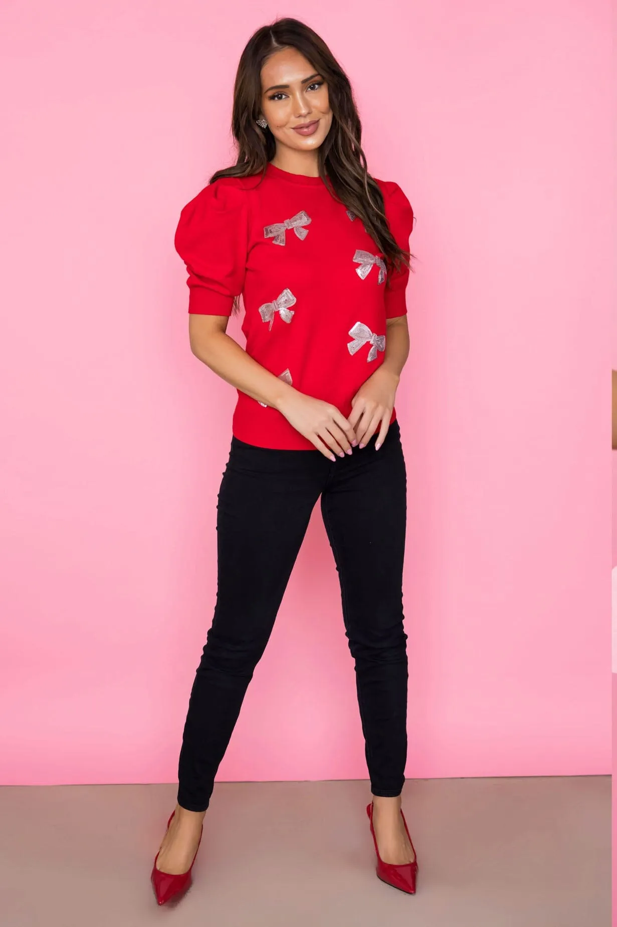 Pretty In Bows Puff Sleeve Sweater